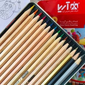 مداد رنگی جعبه فلزی طرح چوب برند آریا 12 بعلاوه 3 رنگ اضافه