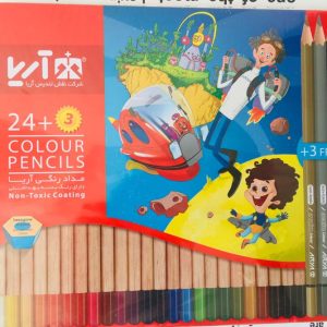 طرح روی جعبه مداد رنگی 24+3 رنگ جعبه فلزی برند آریا