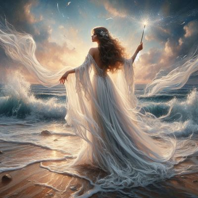 نقاشی فانتزی از فرشته لب ساحل
