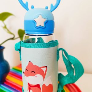 قمقمه شاخ گوزنی دارای کیف برزنتی طرح روباه - درب دکمه ای و سیلیکونی - دارای بند و نی - ظرفیت 700 میل