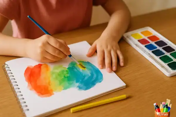 دختر کودک در حال نقاشی کشیدن روی دفتر نقاشی با مداد رنگی و آبرنگ
