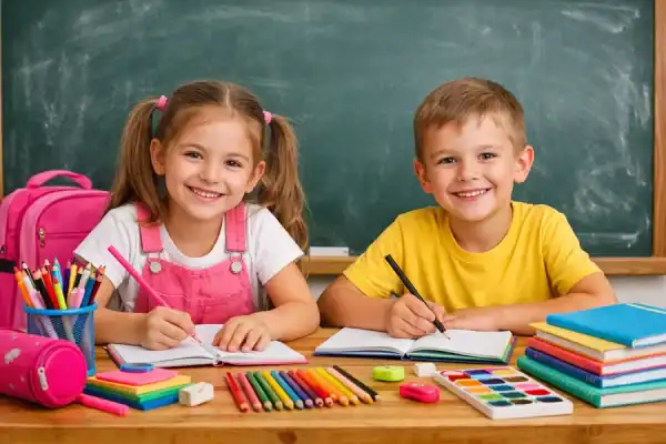 دختر و پسر دانش‌آموز پشت میز مطالعه با لوازم‌تحریر رنگی، دفتر، مداد و جامدادی؛ محیطی شاد برای تقویت هوش کودک